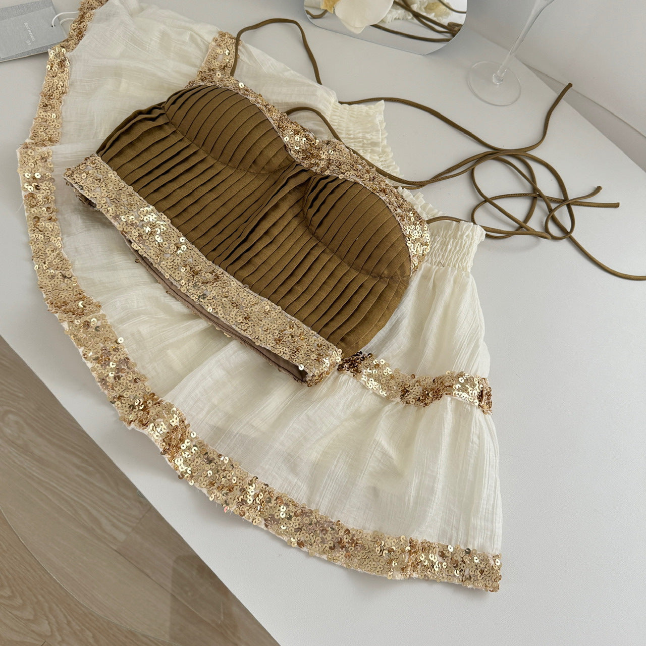 BRILUXE Gold Sequin Ruffle Skirt Set
