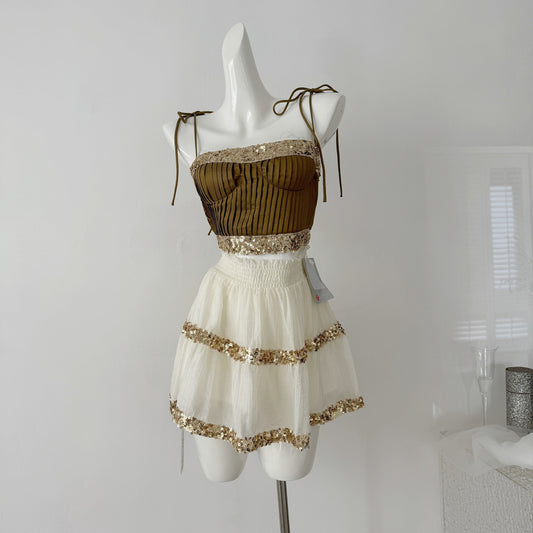 BRILUXE Gold Sequin Ruffle Skirt Set