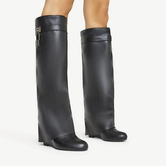 BRILUXE Fold Over Buckle Detail Knee High Boots
